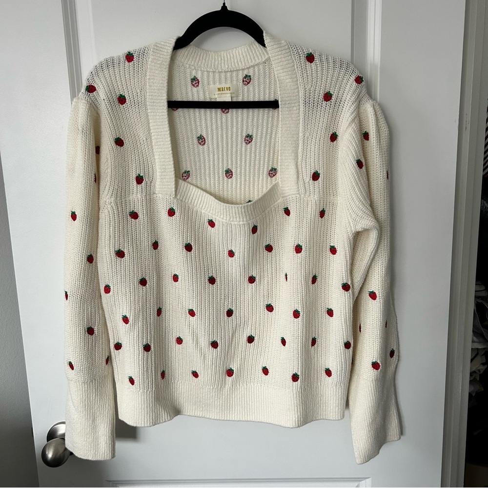 ANTHROPOLOGIE Maeve Embroidered Strawberry Sweater